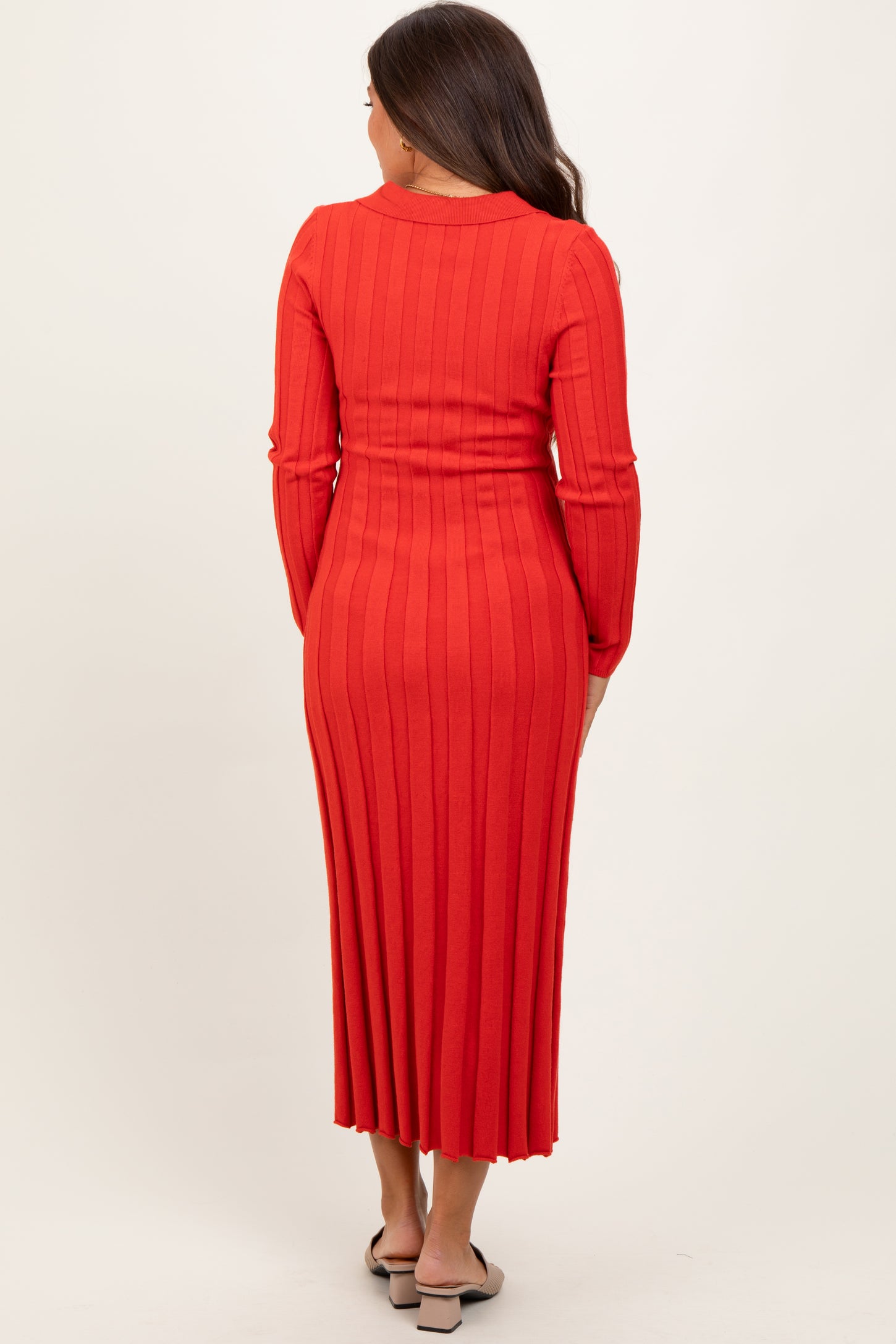 Red Wide Ribbed Knit Collared Maternity Midi Dress
