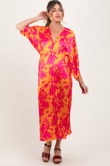 Orange Floral Satin Pleated V-Neck Maternity Maxi Dress