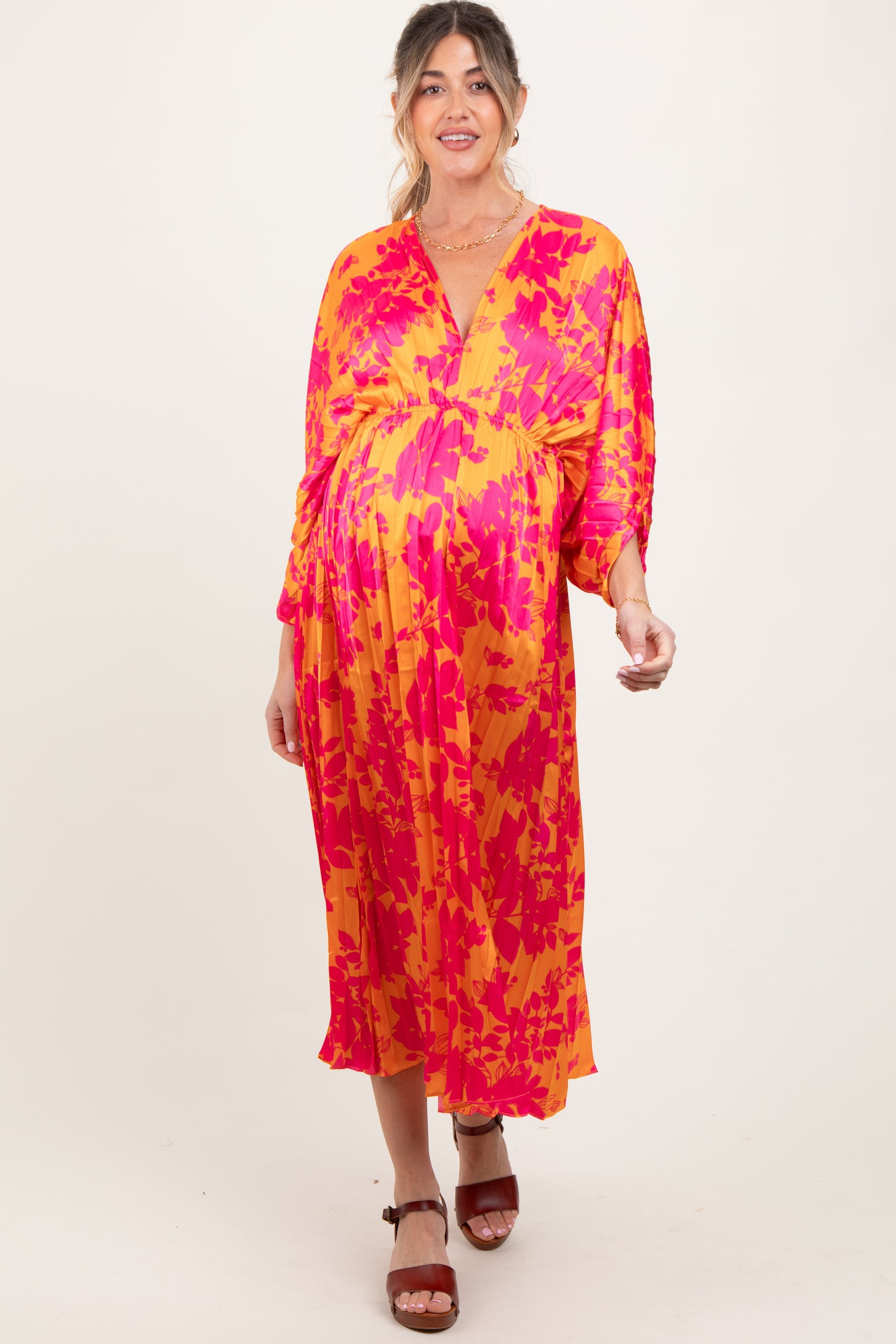 Orange Floral Satin Pleated V-Neck Maternity Maxi Dress