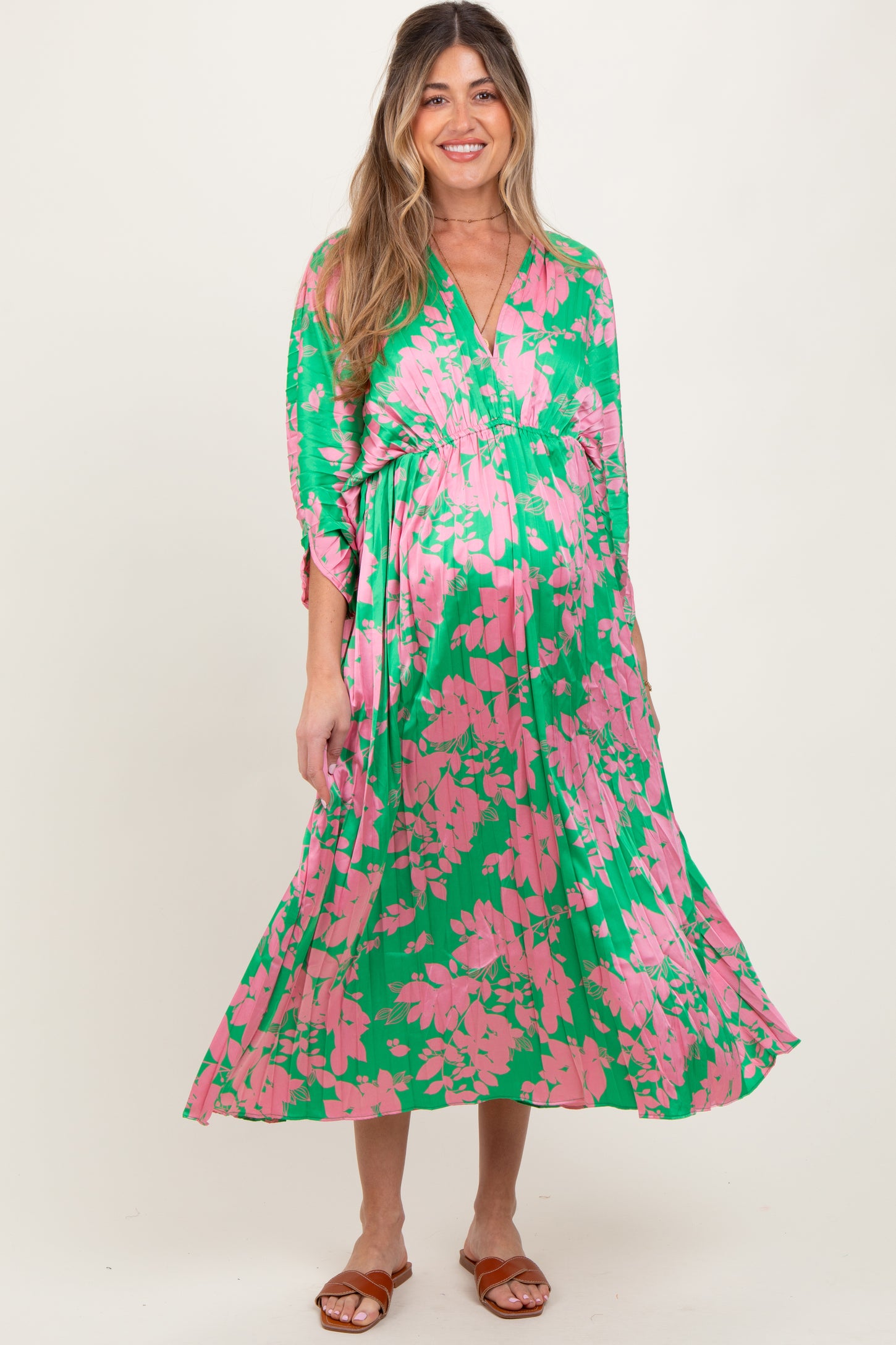 Green Floral Satin Pleated V-Neck Maternity Maxi Dress
