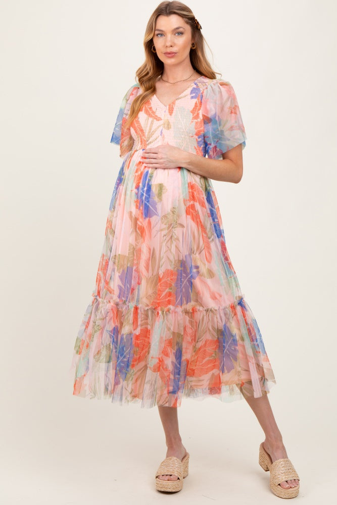 Peach Leaf Print Smocked Mesh Overlay Maternity Dress