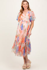 Peach Leaf Print Smocked Mesh Overlay Maternity Dress
