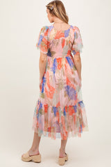 Peach Leaf Print Smocked Mesh Overlay Maternity Dress