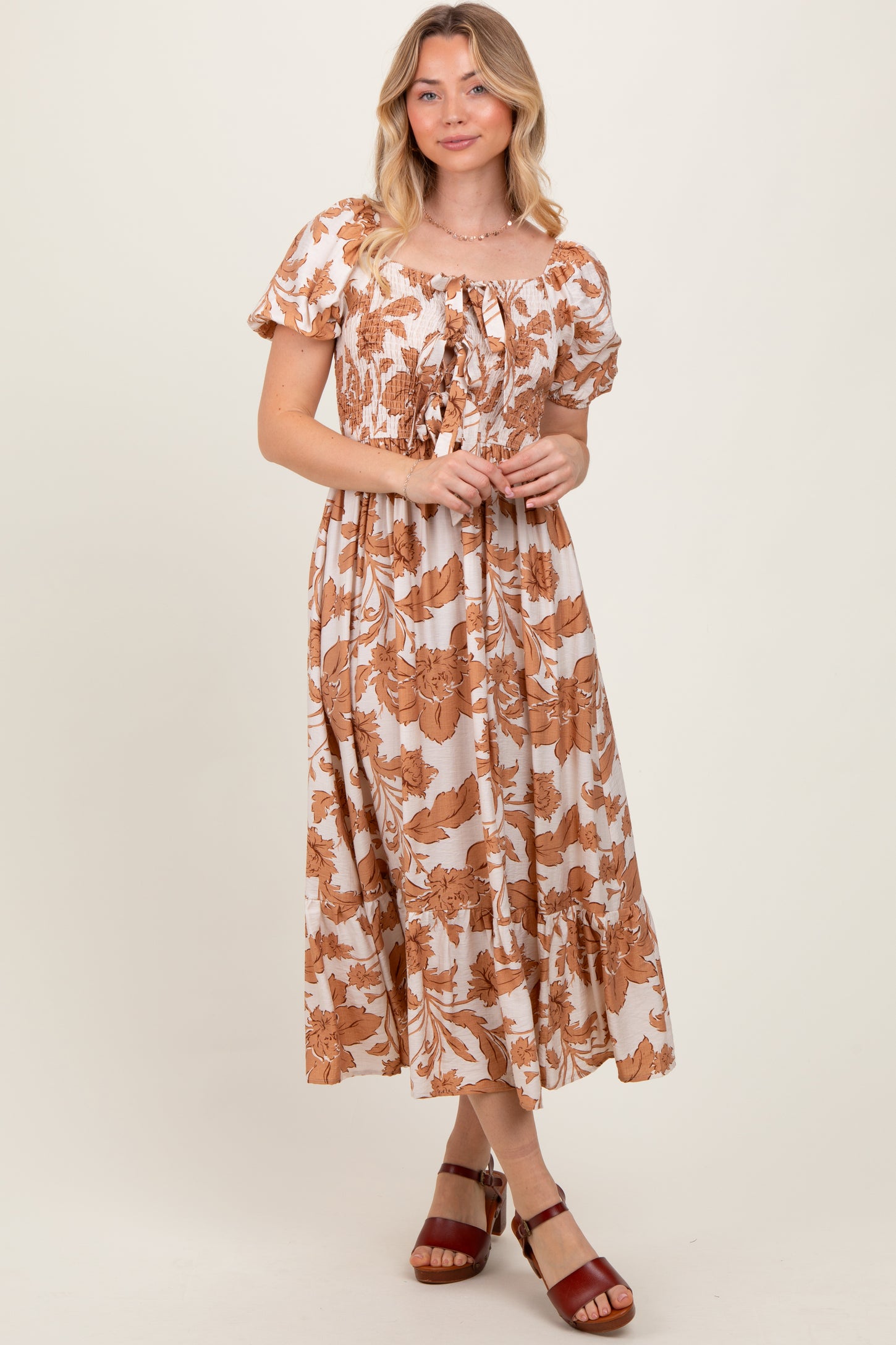 Mocha Floral Smocked Triple Front Tie Maternity Midi Dress