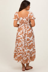 Mocha Floral Smocked Triple Front Tie Maternity Midi Dress