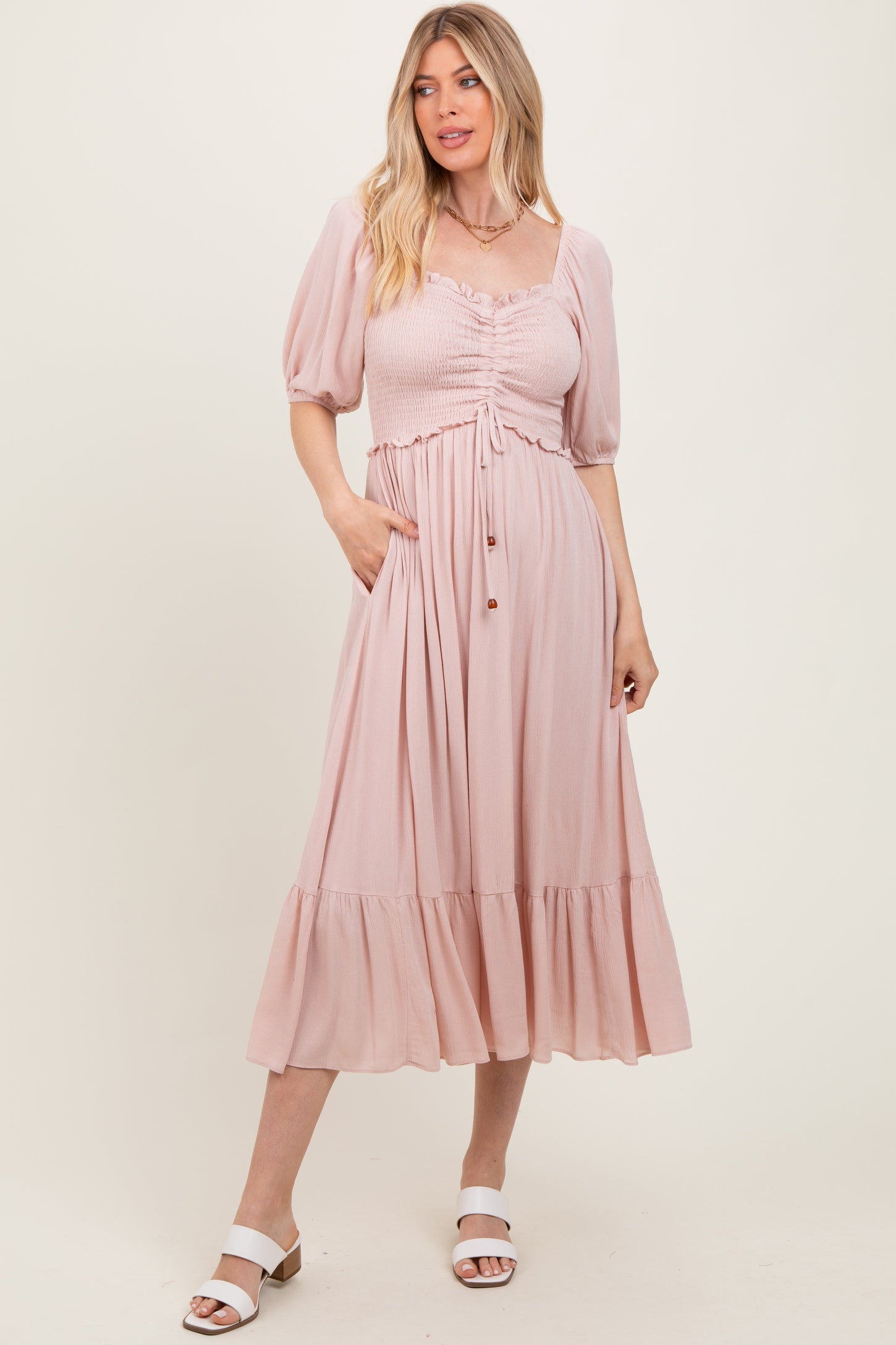 Light Pink Smocked Cinched Front Maternity Maxi Dress