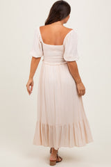 Taupe Smocked Cinched Front Maternity Maxi Dress