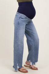 Light Blue Distressed Asymmetrical Fringe Hem Straight Leg Maternity Jeans
