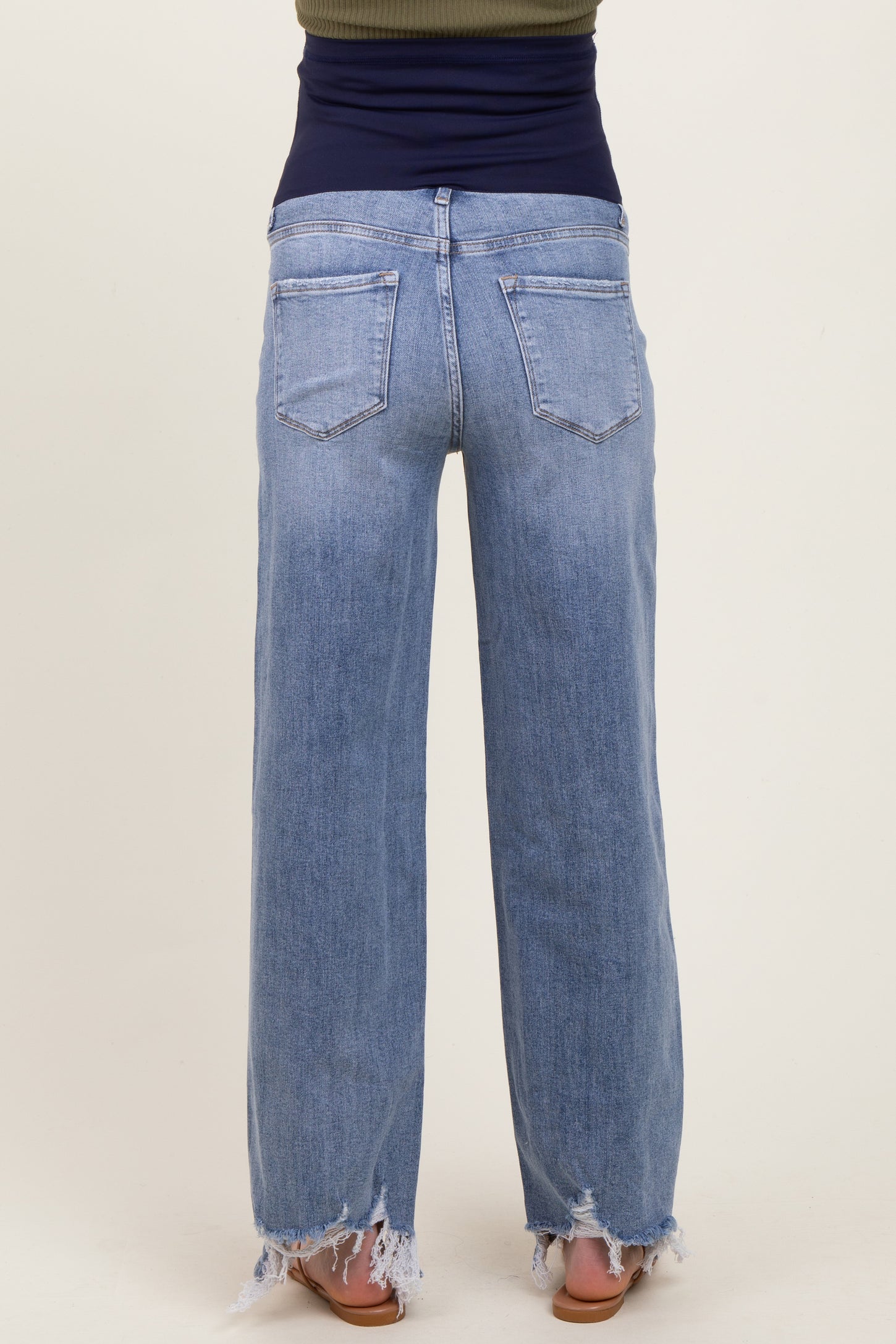 Light Blue Distressed Asymmetrical Fringe Hem Straight Leg Maternity Jeans
