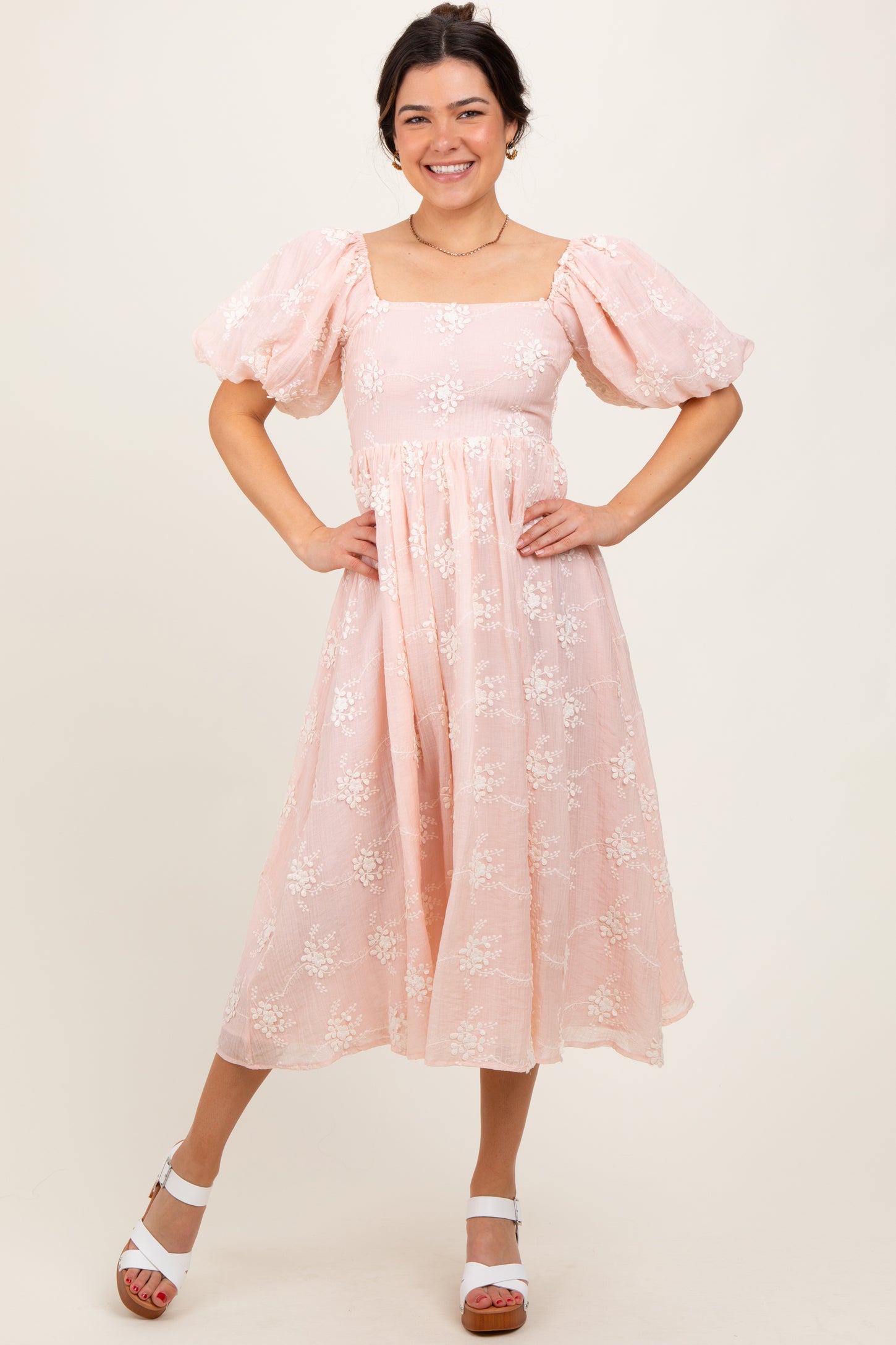 Pink Textured Maternity Midi Dress