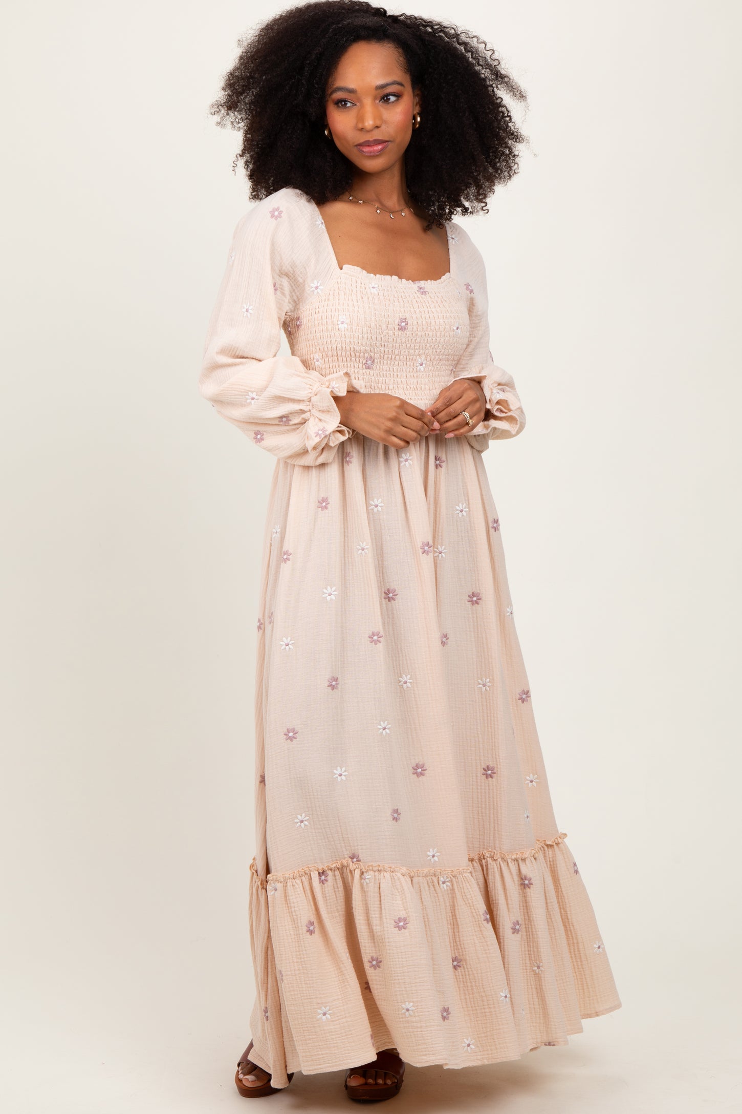 Cream Long Sleeve Floral Accent Maternity Dress