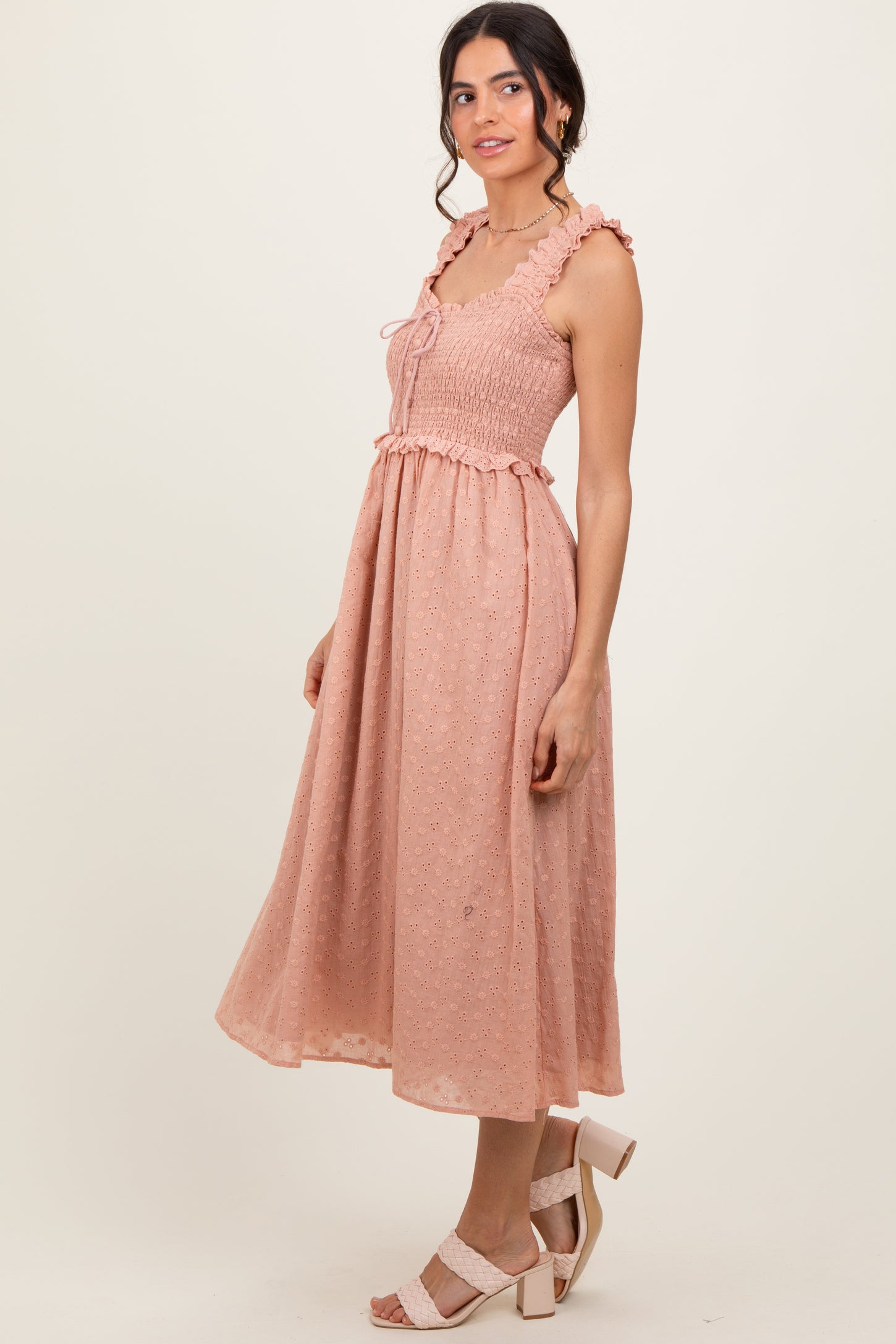 Peach Eyelet Sleeveless Midi Dress
