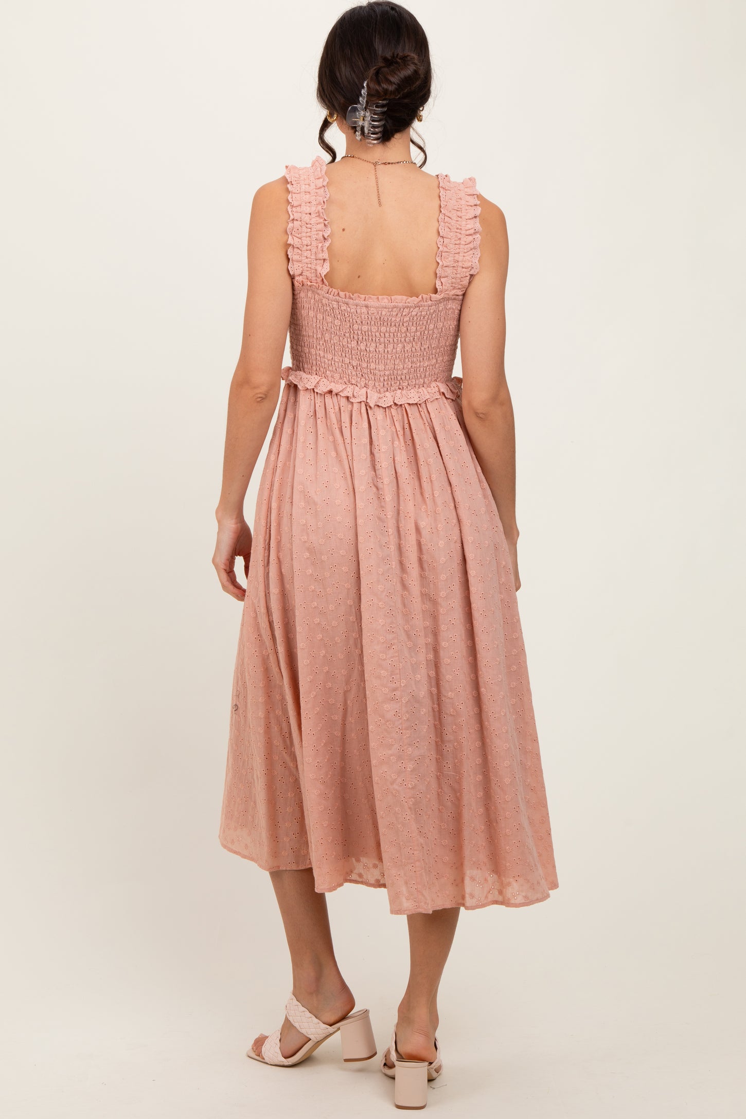 Peach Eyelet Sleeveless Midi Dress