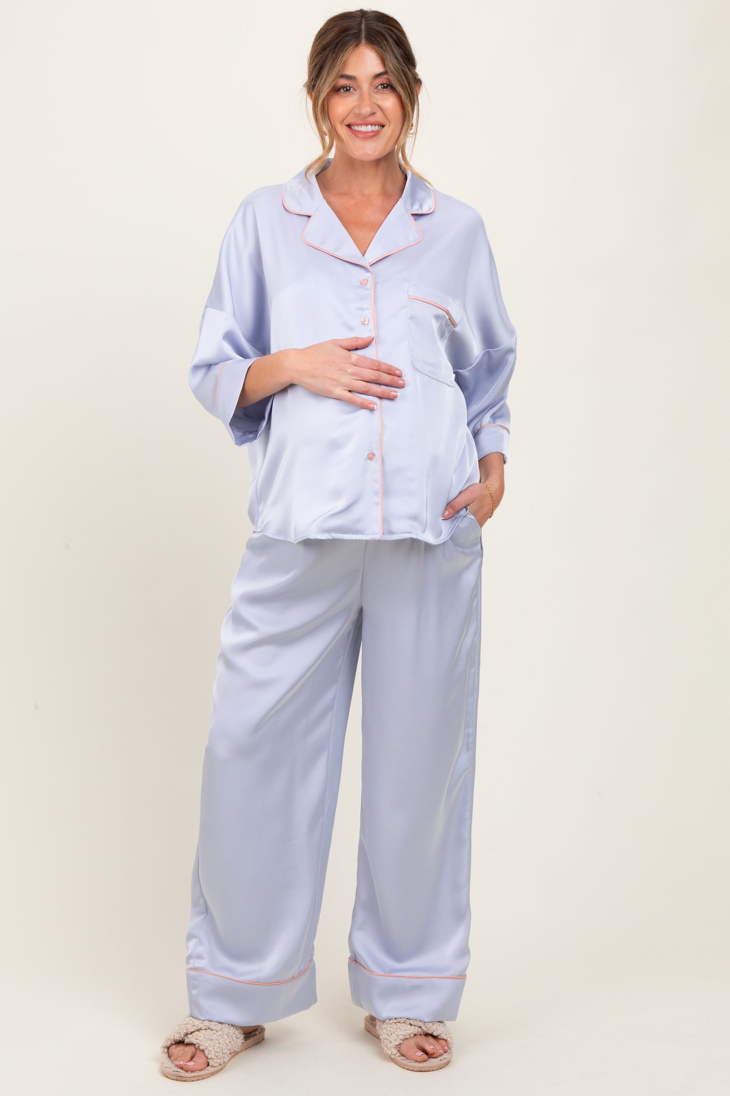 Light Blue Satin Contrast Trim Pajama Pant Maternity Set