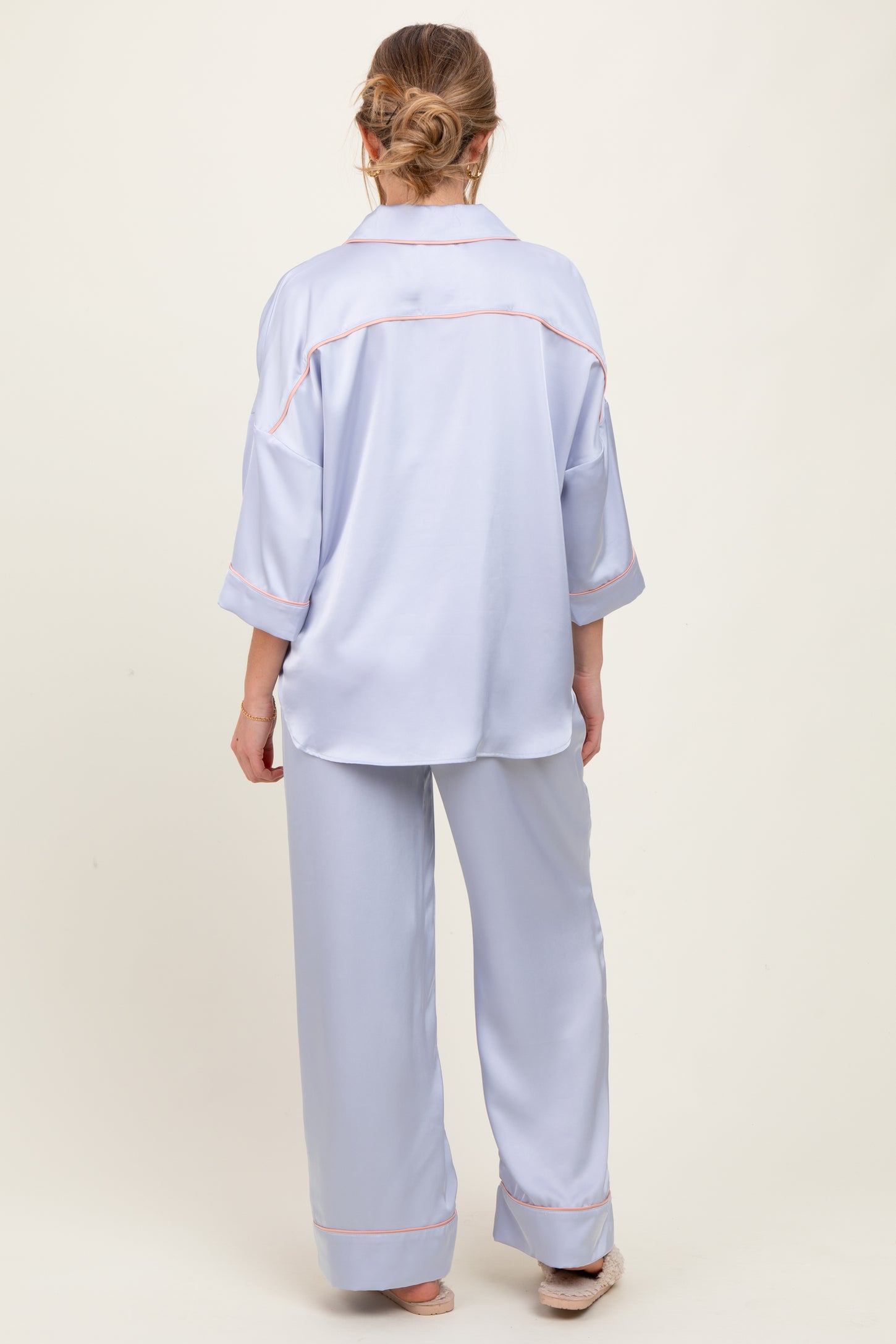 Light Blue Satin Contrast Trim Pajama Pant Maternity Set