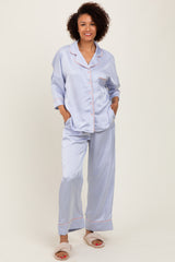Light Blue Satin Contrast Trim Pajama Pant Set