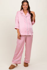 Pink Satin Contrast Trim Pajama Pant Maternity Set