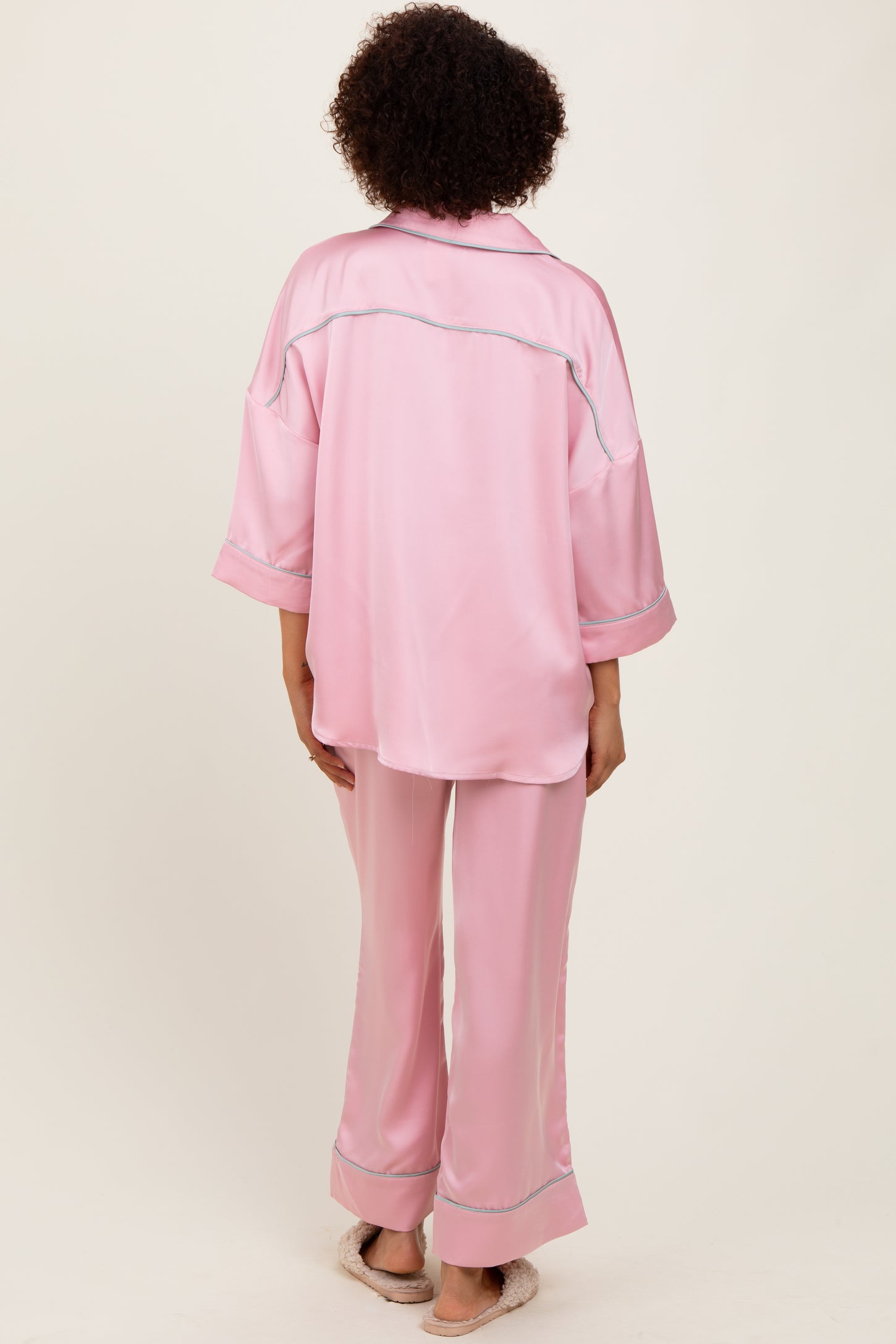 Pink Satin Contrast Trim Pajama Pant Set