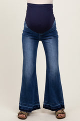 Blue Distressed Release Hem Flare Maternity Jeans