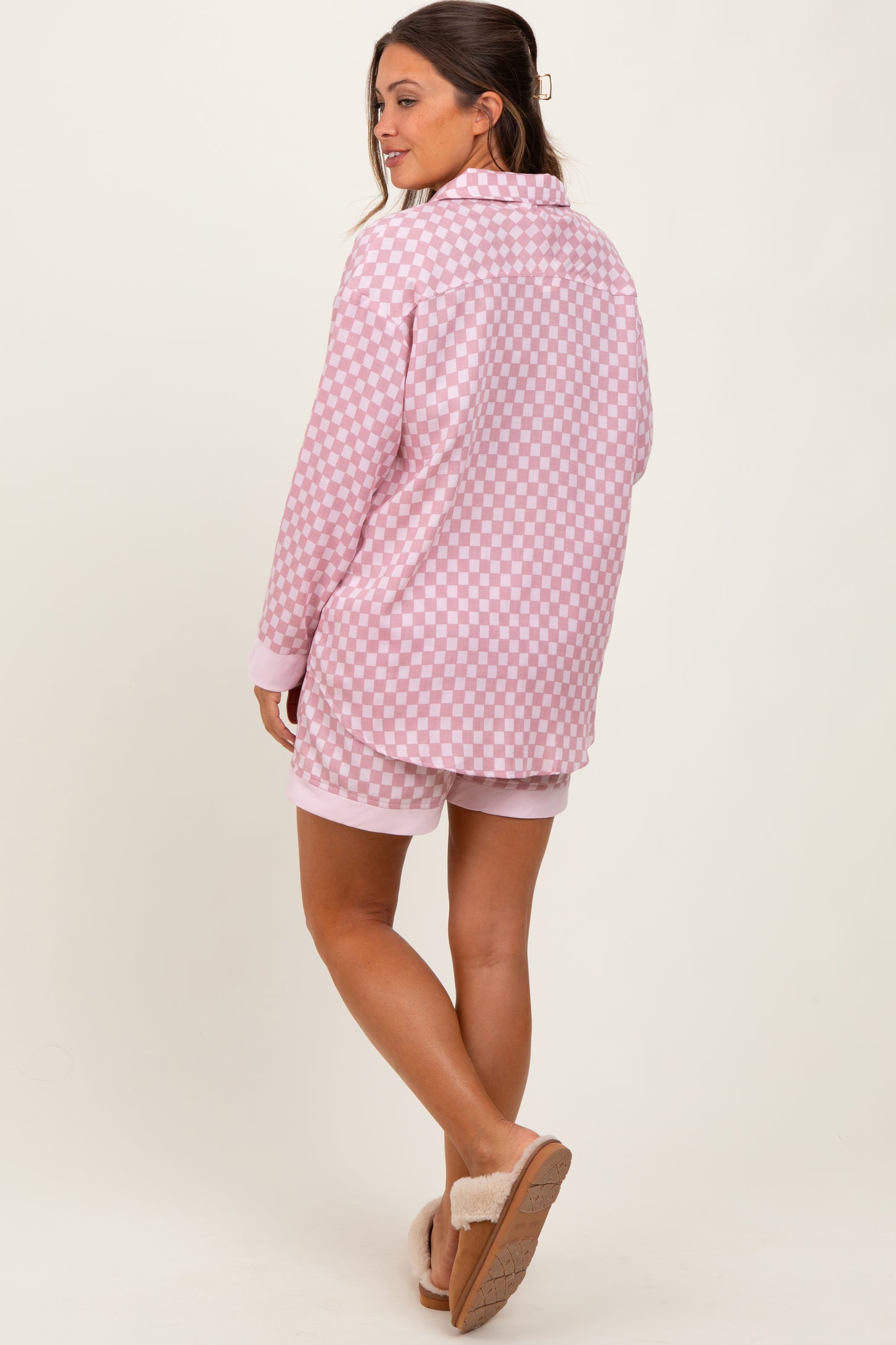 Mauve Checkered Print Pajama Shorts Maternity Set