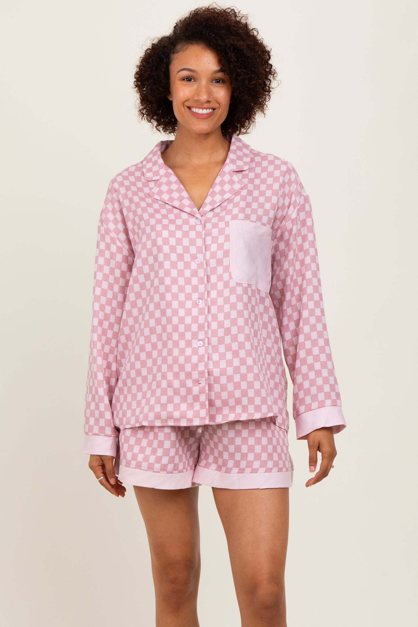 Mauve Checkered Print Pajama Shorts Maternity Set