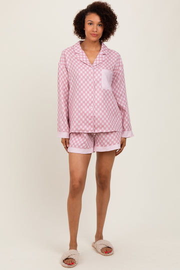 Mauve Checkered Print Pajama Shorts Set