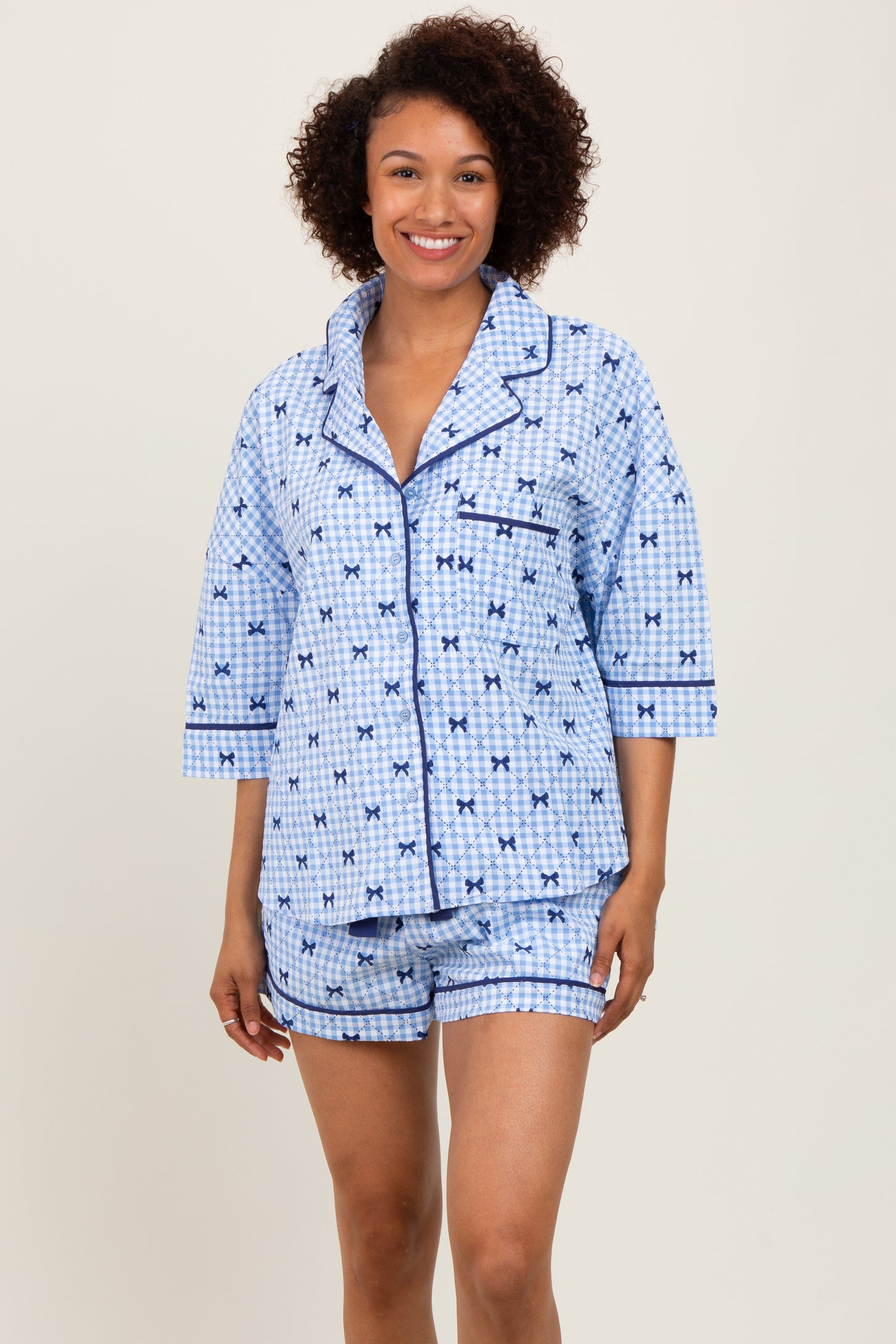 Light Blue Bow Print Gingham Pajama Short Maternity Set
