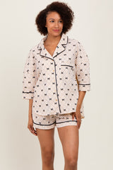 Cream Bow Print Gingham Pajama Short Maternity Set
