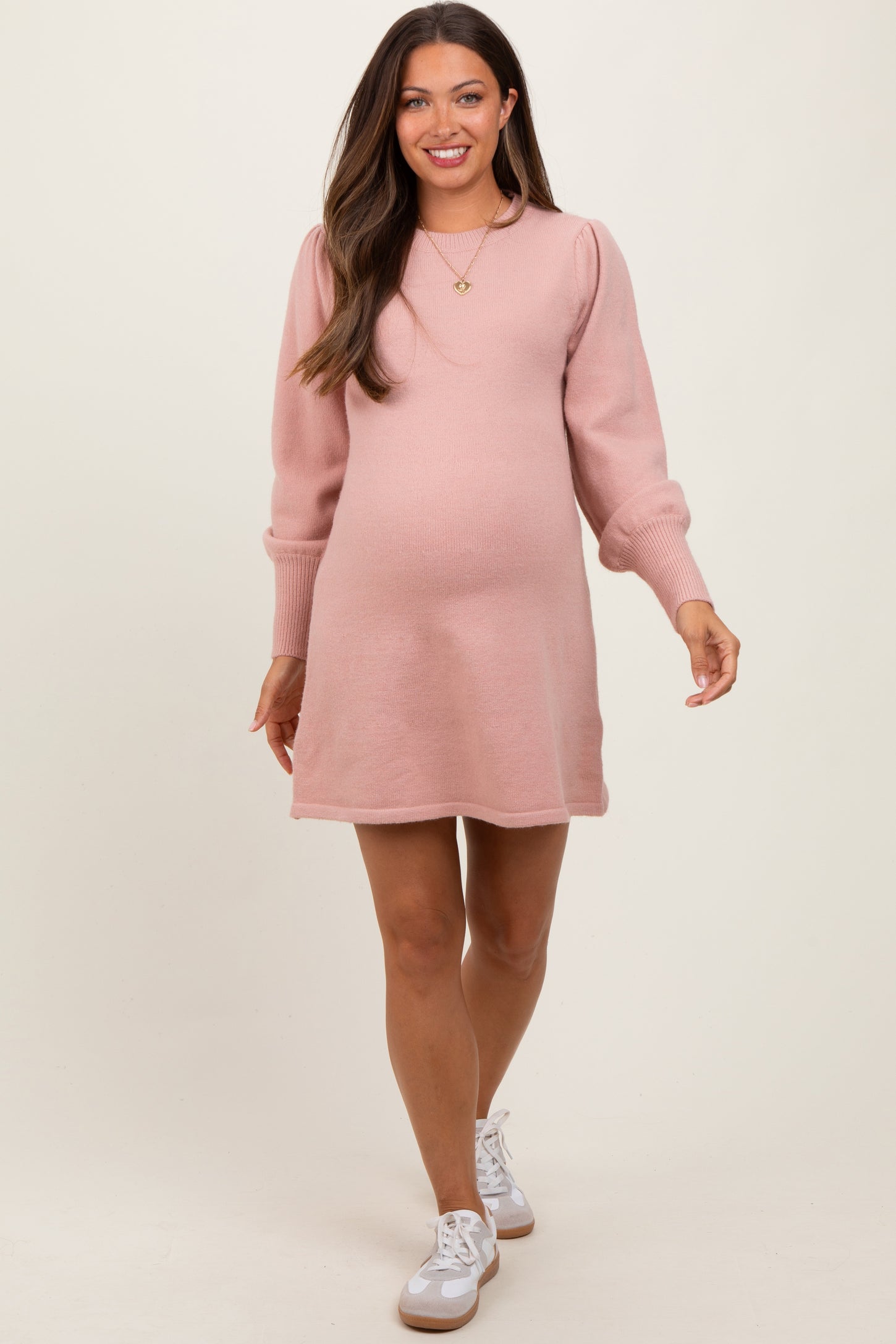 Pink Knit Bubble Sleeve Maternity Mini Dress