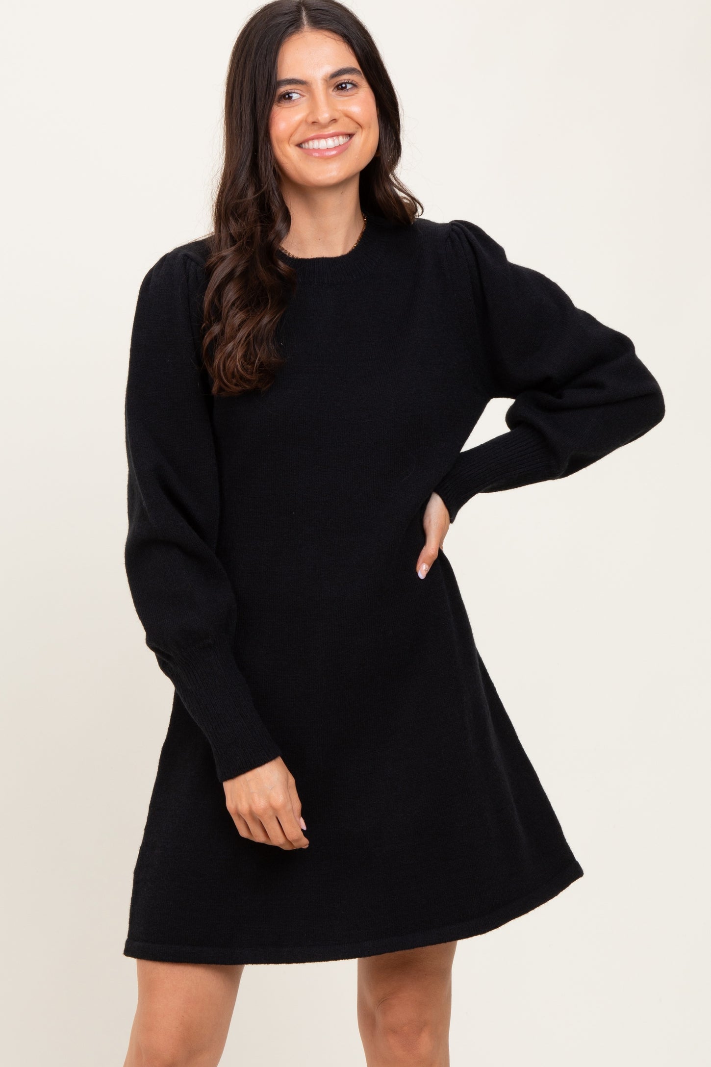Black Knit Bubble Sleeve Mini Dress