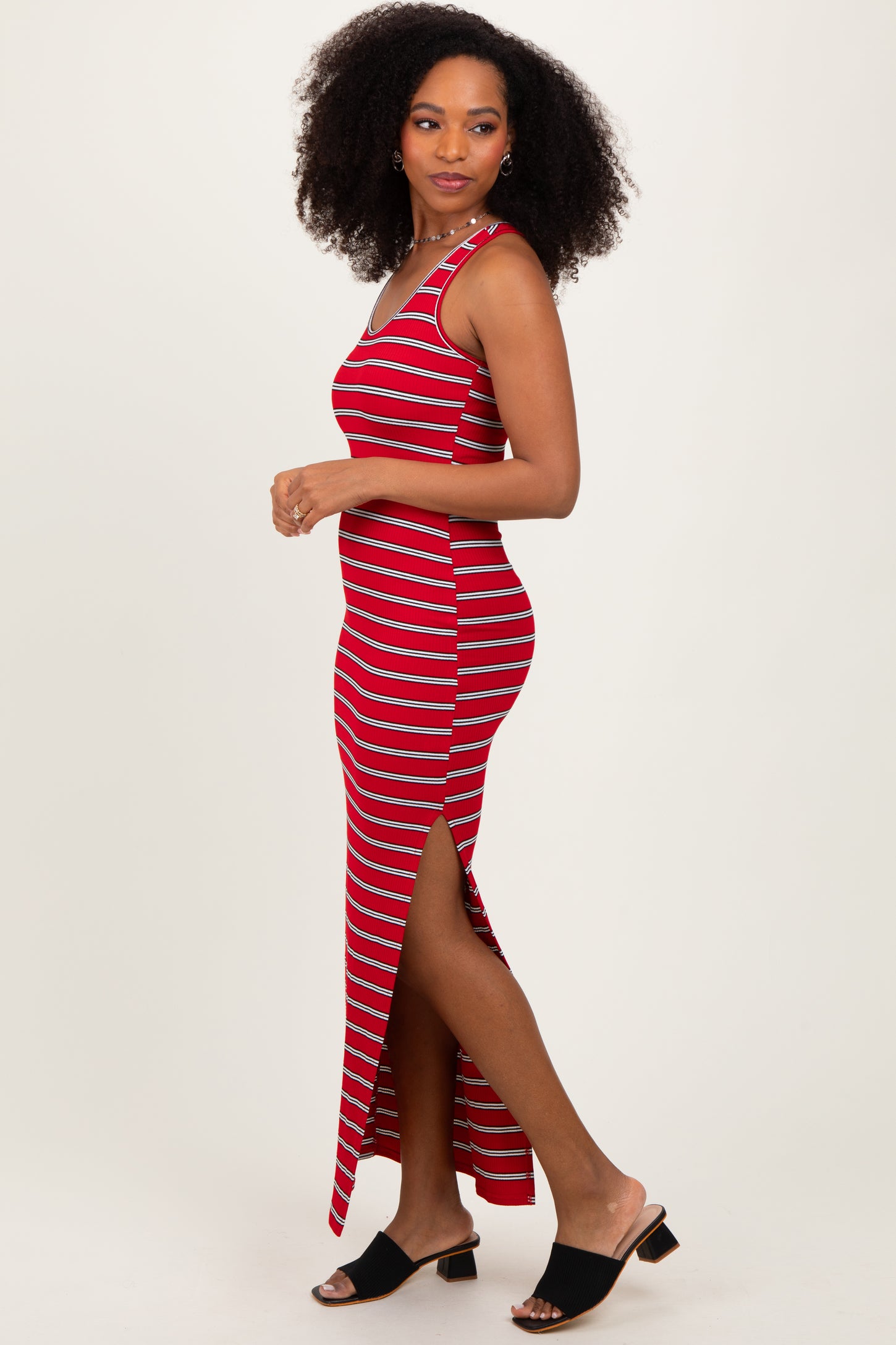 Red Black Striped Side Slit Maxi Dress