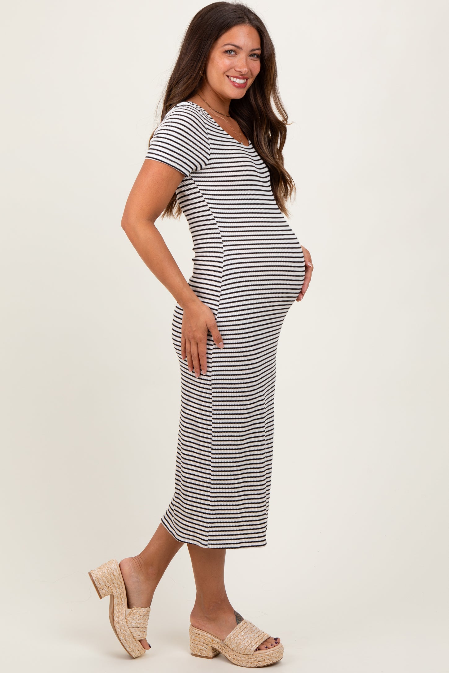 White Black Basic Stripe Rib Short Sleeve Maternity Dress