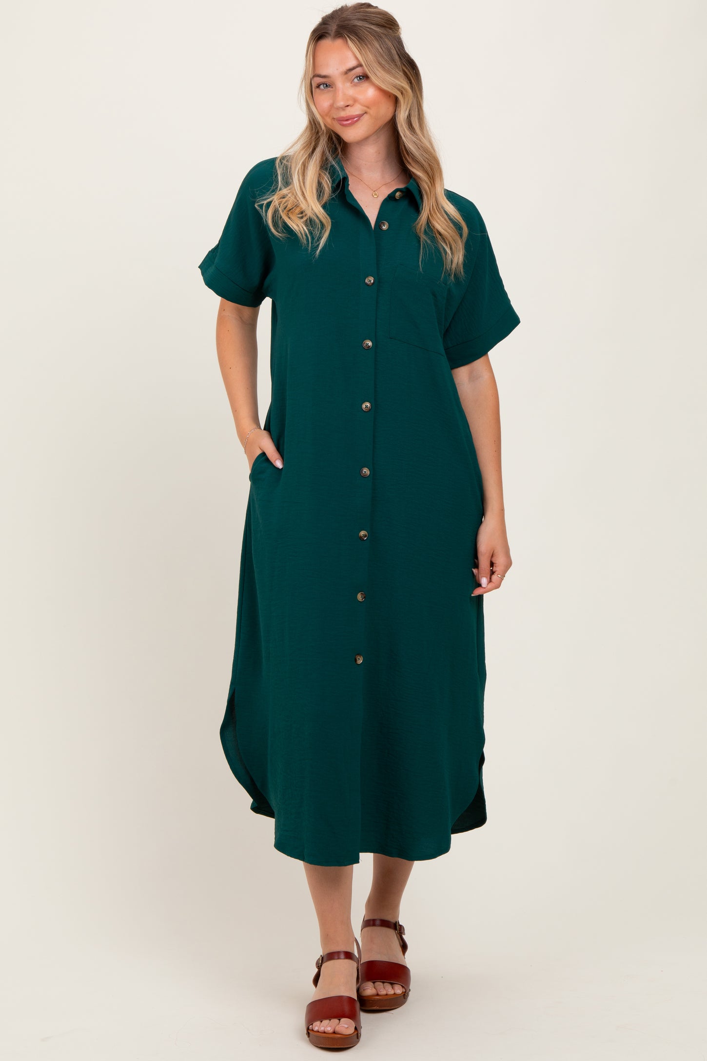 Royal Blue Button Down Front Pocket Midi Dress