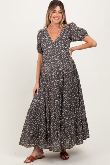 Grey Tiered Floral Maternity Maxi Dress