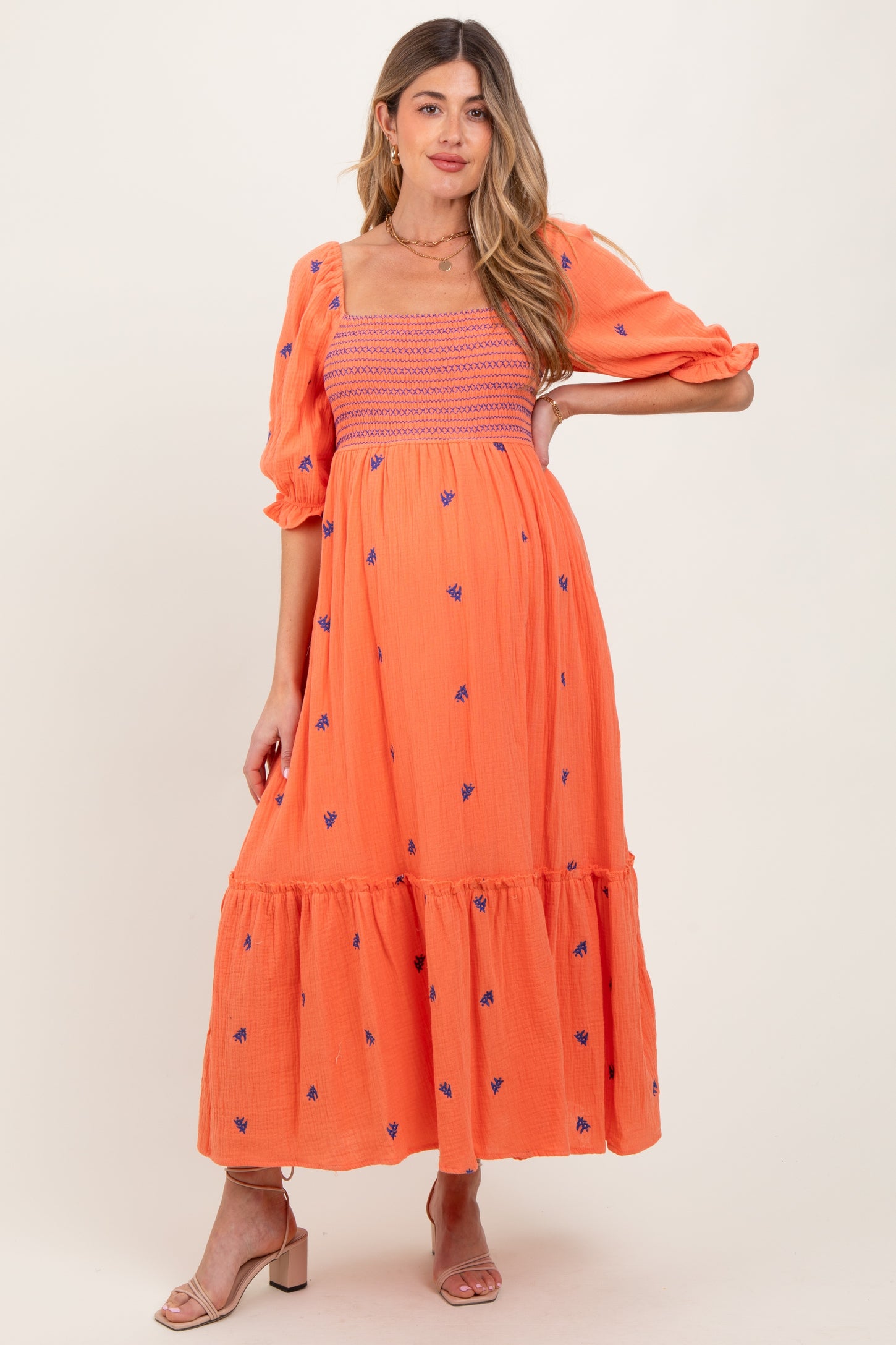 Coral Gauze Smocked Embroidered Square Neck Maternity Midi Dress