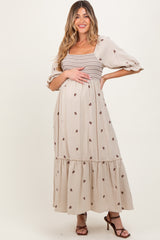 Taupe Gauze Smocked Embroidered Square Neck Maternity Midi Dress
