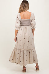 Taupe Gauze Smocked Embroidered Square Neck Maternity Midi Dress