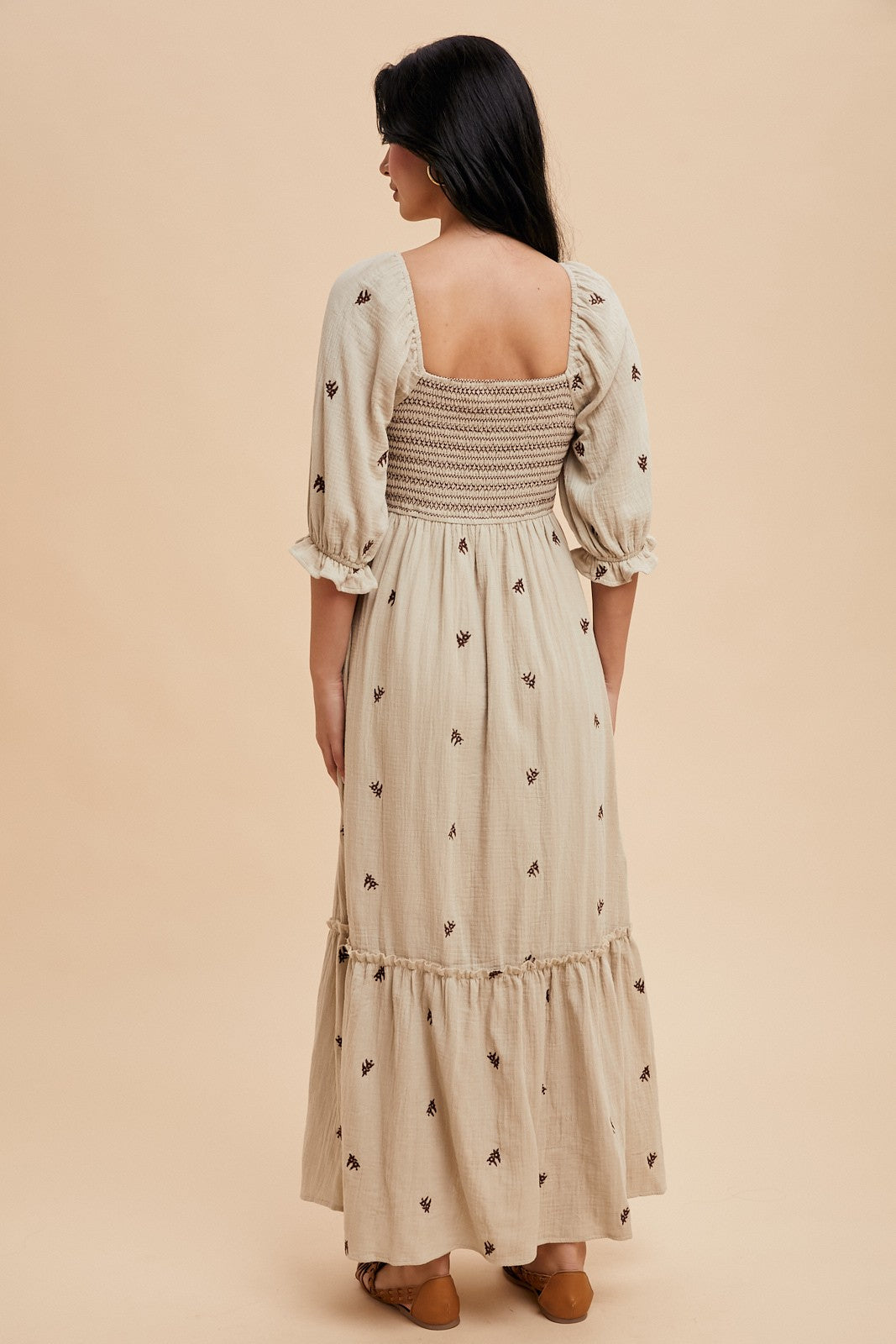 Taupe Gauze Smocked Embroidered Square Neck Midi Dress
