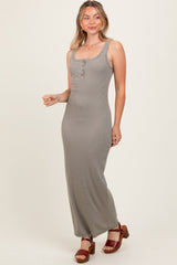 Olive Striped Button Front Sleeveless Maxi Dress