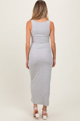 Heather Grey Striped Button Front Sleeveless Maternity Maxi Dress