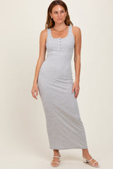 Heather Grey Striped Button Front Sleeveless Maxi Dress