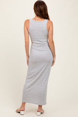 Heather Grey Striped Button Front Sleeveless Maxi Dress