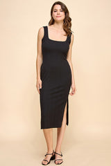 Black Ribbed Knit Low Back Maternity Midi Dress