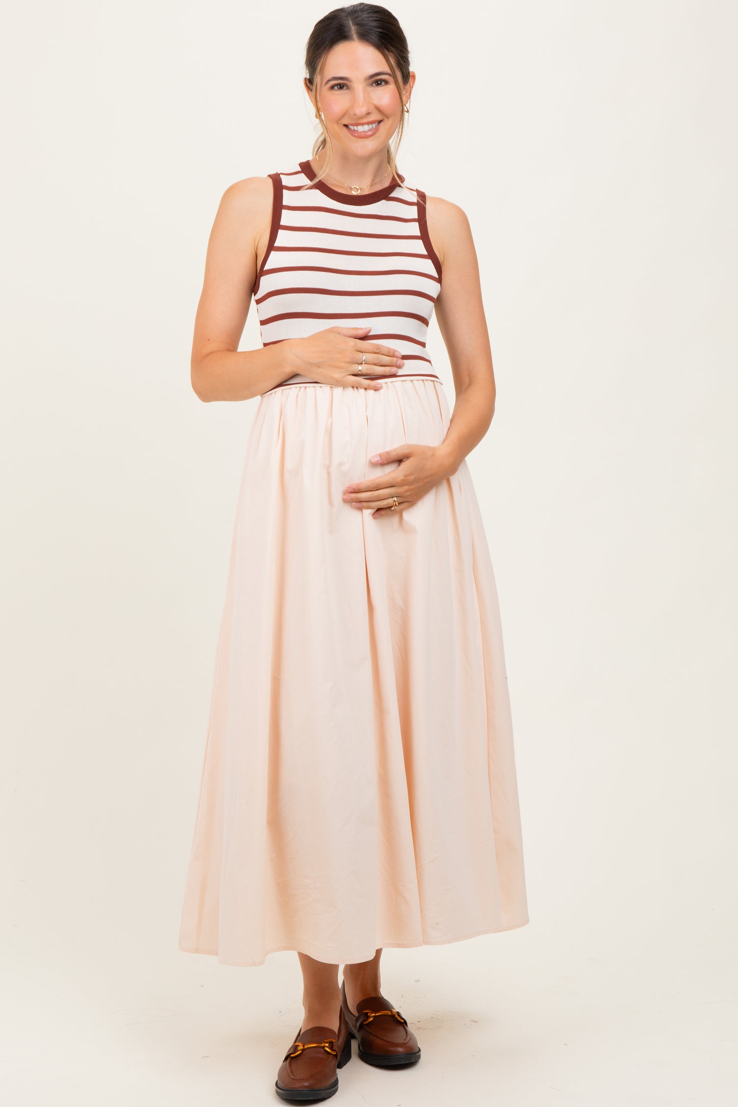 Cream Contrast Striped Bodice Sleeveless Maternity Maxi Dress
