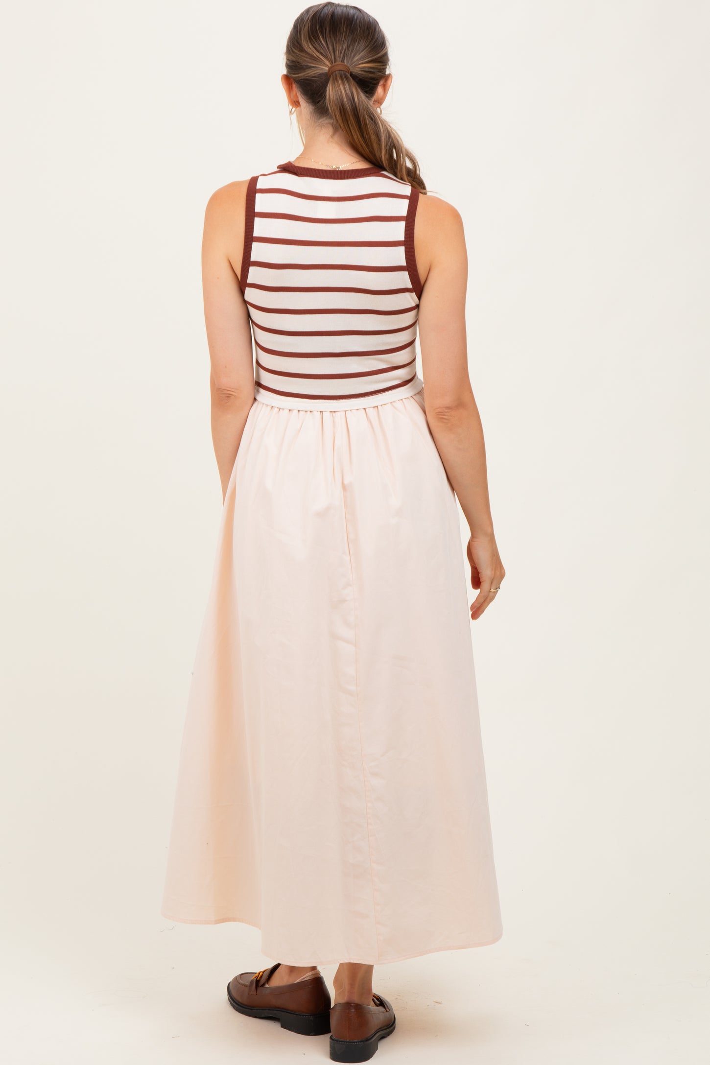 Cream Contrast Striped Bodice Sleeveless Maternity Maxi Dress