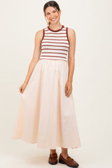 Cream Contrast Striped Bodice Sleeveless Maternity Maxi Dress
