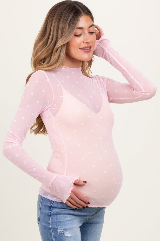 Light Pink Mesh Heart High Neck Long Sleeve Maternity Top