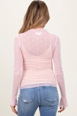 Light Pink Mesh Heart High Neck Long Sleeve Maternity Top
