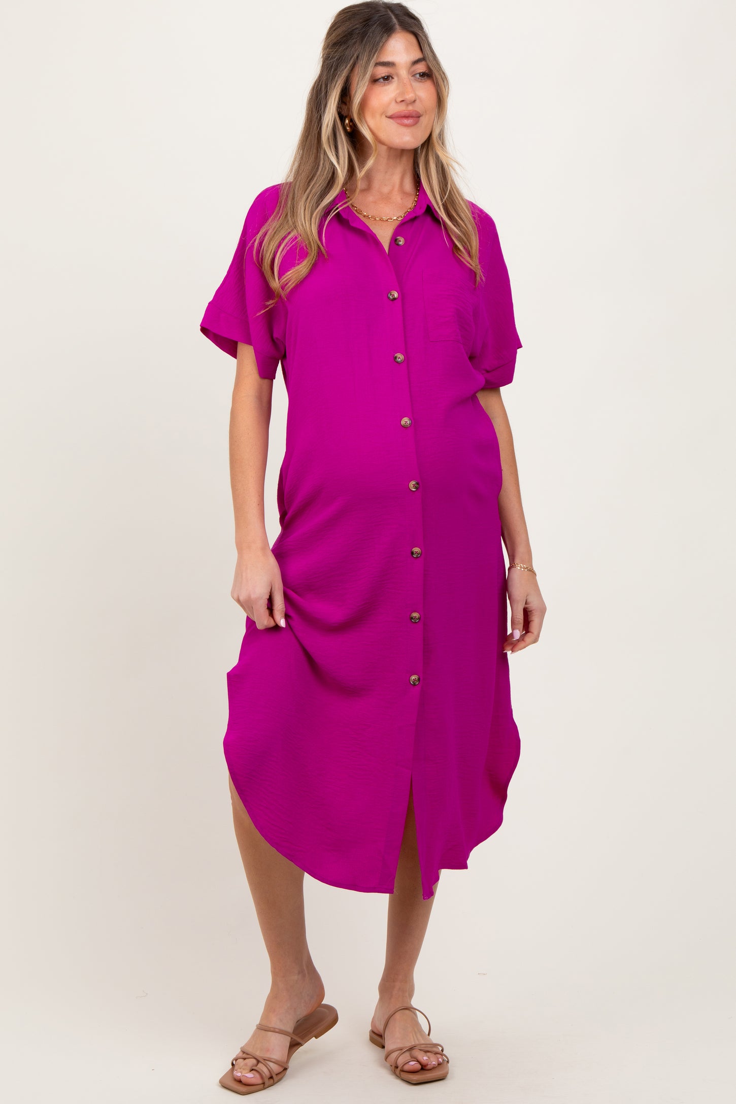 Fuchsia Button Down Front Pocket Maternity Midi Dress