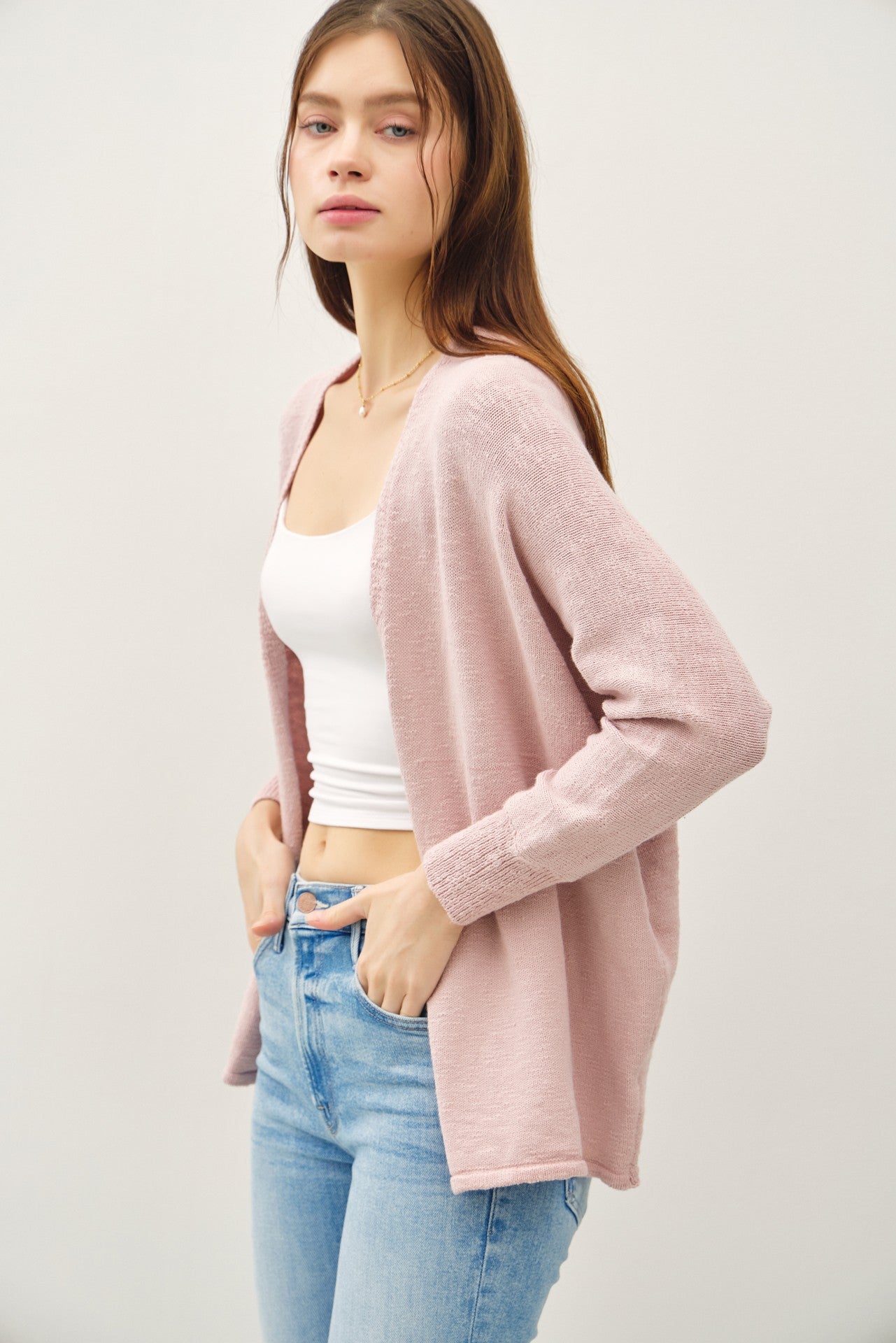 Pink Slub Knit Open Cardigan